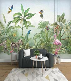 Custom Mural Wall Paper 3D Hand Painted Tropical Rainforest Plants Leaf Flowers And Birds Animal Wallpapers Living Room TV Mural5681190