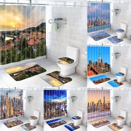 Shower Curtains City Sunset Skyscrapers Famous Town Landmark View Curtain Set Rug Bathroom Mats York 3D Building Bridge Bath