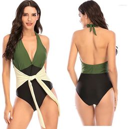 Women's Swimwear Women Color Contrast One Piece Green Suit High Leg Cut Swimsuit Bathers Plunging Monokini Wrap Elegant Belt Show Thin