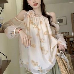 Women's Blouses French Style 3D Flower Elegant Woman's Halter Neck Long Sleeve Shirt Summer 2024 Chic Off Shoulder Loose Chiffon Tops