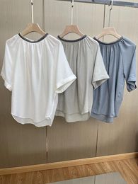 Women's Blouses 2024 Summer Women Irregular Blouse O-Neck Beading Spliced 3 Colours Casual Short Sleeve Ladies Fashion All-match Shirt Tops