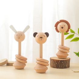 1pc Baby Rattles Toys Beech Wooden Animal Music Hand Bells bron Montessori Educational Mobile Rattle Blocks 240509