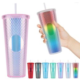 Cups Saucers 710ml Plastic Straw Cup Rhinestone Rivet Double-Walled Water Tumbler With Lid Travel Mug Large Capacity For Sports