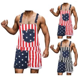 Men's Pants Summer American Flag Jumpsuits Star Printed Women's Jeans Overalls Casual Light Weight Surpender Shorts Trousers