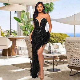 Urban Sexy Dresses Women Evening Dresses Asymmetrical Shiny Sequins Feather Cocktail Party Dress Sexy Strapless Long Formal Prom Dresses Xiny189 T240510