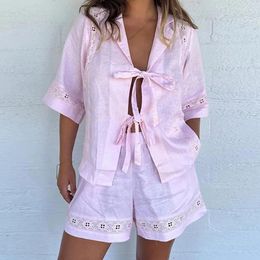 Women's Tracksuits Women 2 Piece Set Lounge Outfits Vintage Lace Splicing Tie Up Blouse Tops T Shirt Elastic Waist Pocketed Shorts Beach