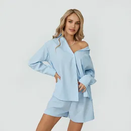 Home Clothing Women's Summer Loungewear Set Stripe Print Long Sleeve Pocket Lapel Tops With Elastic Waist Shorts Loose 2 Pieces Sleepwear