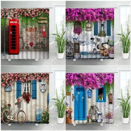 Shower Curtains Retro Street Flowers Pink Rose Natural Floral Wall Red Telephone Booth Vintage Bicycle Fabric Bathroom Decor Set