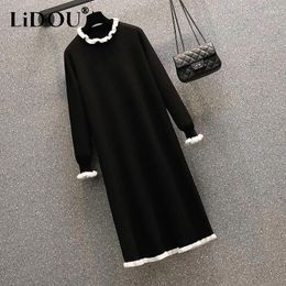 Casual Dresses Autumn Winter Solid Color Fashion Long Sleeve Knitted Dress Women High Street Loose Edible Tree Midi