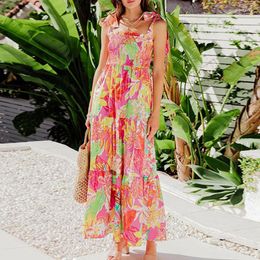 Casual Dresses Summer Off Shoulder Pattern Print Dress Elegant Slash Neck High Waist Long Fashion Holiday Beach Tie-up Sling A-Line