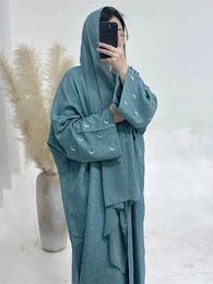 Ethnic Clothing Moon Embroidery Open Abaya 2024 New Luxury Kimono Coat Hijab Muslim Sets for Women Islam Retro Modest Clothing for Party Ka T240510