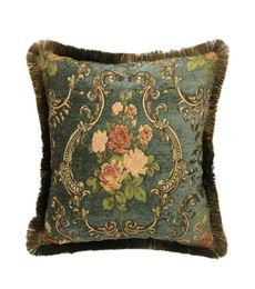 Vintage Floral Cushion Cover Deep Green Chenille Interior Home Decorative Sofa Pillow Case Jacquard Woven Square 45x45cm Sell by 17314860