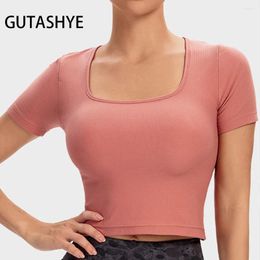 Active Shirts Guta Seamless Yoga Wear Square Collar Short Sleeve Elastic Breathable Exercise Fitness Thin Running Guick Drying T-shirt Woman