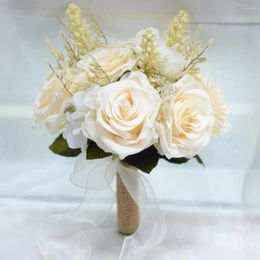 Decorative Flowers Artificial Multicolor Rose Elegant Bridal Fake Flower Bouquet With Realistic Green Leaves Reusable Ribbon Bowknot