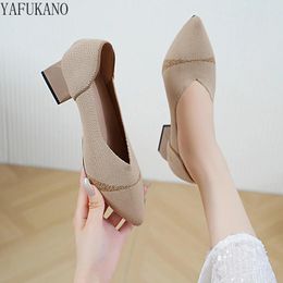 Dress Shoes Knitted Breathable Fabric Apricot Chunky Heel Pumps Fashion Pointed Toe Mid Comfort Work Plus Size Women 41 42