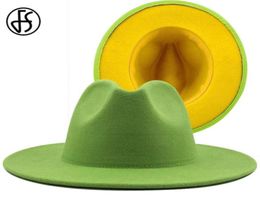 FS 60CM Green Yellow Brim Patchwork Women Men Wide Brim Wool Felt Fedora Hats Panama Jazz Caps Party Cowboy Trilby Gambler Hat43664848323