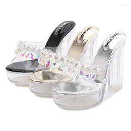Slippers Summer Women 13cm High Heels Sexy 3.5cm Platform Slides Mules Lady Crystal Transparent Clear Block PVC Gold Shoes