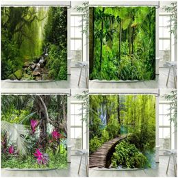 Shower Curtains Tropical Rainforest Landscape Palm Leaves Trees Waterfall Plant Forest Scenery Bathroom Curtain Decor With Hooks