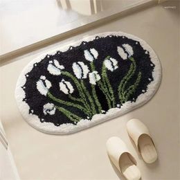 Carpets Black And White Flower Ins Style Simple Bathroom Carpet Plush Water-Absorbent Non-Slip Floor Mat Bedside Home Foot