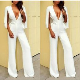 White Jumpsuits Evening Dresses With Wrap Deep V Neck Sexy Women Formal Dresses Floor Length Prom Party Gowns Custom Made 240t