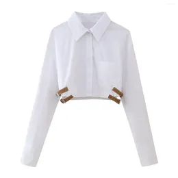 Women's Blouses Spring Women Solid Short With Belt 2024 Lapel Long Sleeve Causal Tops Fashion Single Breasted Sexy Shirts