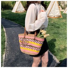 2023 Summer New Handmade Woven Womens Stripe Contrast Beach Bag Versatile One Shoulder Vegetable Basket