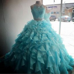 Turquoise Two Pieces Quinceanera Dresses 2019 Modest Beads Crystals Masquerade Ball Gown Prom Dress Sweet 16 Girls Vestidos De 15 Anos 325w