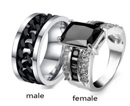Sz612 TWO RINGS Couple Rings His Hers Agate 10k White Gold Filled Women039s Ring Turnable Black Chain Stainless Steel Mens R9802463