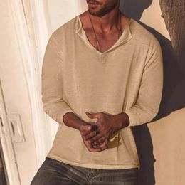Leisure ultra-fine mens top cotton linen solid color loose long sleeved V-neck T-shirt beach style mens casual zipper street clothing 240511