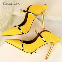 Slippers Comemore 2024 Women 10cm High Heels Slides Female Sexy Summer Mules Satin Lady Yellow Sandals Silk Strange Pumps Shoes