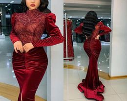 Burgundy Velvet Mermaid Evening Dresses Shining Crystal Beaded High Neck Long Sleeves Prom Dress Sexy Illusion Formal Party Second3743721