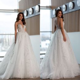 Oksana Mukha Wedding Dresses V Neck Button Black Sweep Train Bridal Gowns Custom Made Lace Appliques Sequins A Line Wedding Dress 283j