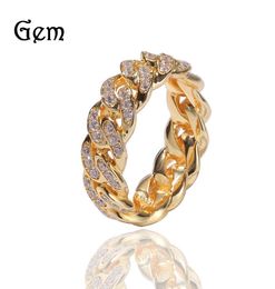 Hip Hop Zircon Cuban Link Chain Ring 8mm over Inlaid Zircon Electroplated Real Gold Trendy Mens Ring4751929