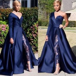 Modest Blue Jumpsuits Two Pieces Prom Dresses One Shoulder Front Side Slit Pantsuit Evening Gowns Evening Dress 189V