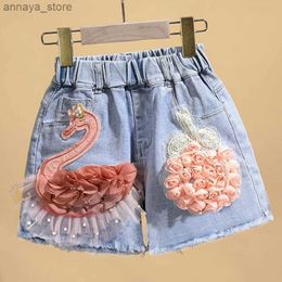 Shorts Baby girl summer cotton denim shorts for young children cute swan flower soft jeans for teenagers and girls childrens clothingL2405L2405