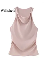 Women's Tanks Women Fashion Silk Texture Pink Pleated Vest Tank Tops Vintage O-Neck Sleeveless Female Chic Lady