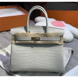 Women Brkns Handbag Genuine Leather 7A Handswen Crocodile Belly Misty Face 30 Skin with Light Luxury Pearl Grey97SM