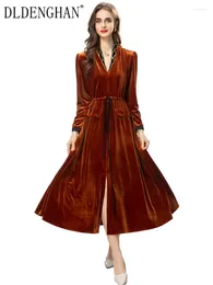 Casual Dresses DLDENGHAN Autumn Velvet Dress Women Beading V-Neck Long Sleeve Lace-up Vintage Party Fashion Designer