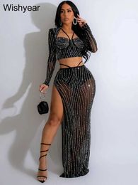 Women's Two Piece Pants year Sexy Mesh Hot Drilling Long Slve Top + Skirts 2 Two Piece Sets Strapless Club Oufits for Womens Birthday Prom Suits T240510
