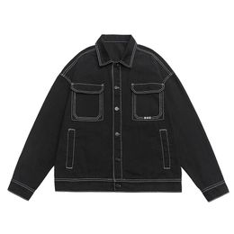 Mens Fashion Baggy Denim Jacket Streetwear Large Pocket Contrast Design Oversized Black White Washed Coats Autumn 4XL 5XL 240428