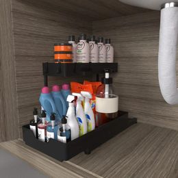 Kitchen Storage 2-Tier Under Sink Organisers And Sliding L-shape Bathroom Cabinet Narrow Space Organiser