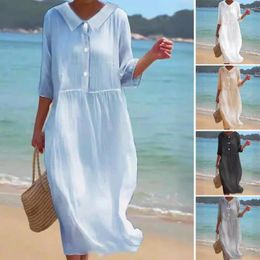 Casual Dresses Long Dress Elegant Doll Collar Midi For Women Chic Pleated Pullover With Button Detail Stylish Wear Summer Sleeve