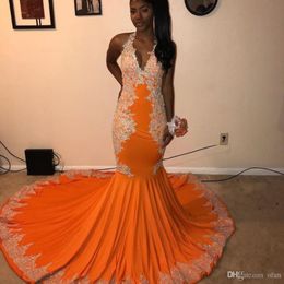 New Arrival Orange Long Mermaid Prom Dresses With Silver Lace Applique Beads Halter Neck Black Girls Formal Dress Party Dress ogstuff 3084