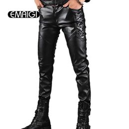 Men's Pants Mens leather pants mens fashion casual pants mens ultra-thin set PU leather motorcycle pants punk rock stage clothingL2405