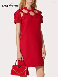 Party Dresses 2024 Sexy Women's 3D Bow Hollow Design Red Dress O-Neck Short Sleeve A-Line Mini Celebrity Cocktail Evening Vestidos