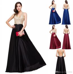 Sexy Backless Lace Satin Evening Dress A Line V Neck Gold Appliques Prom Gowns Robe De Soiree Cheap CPS3584878980