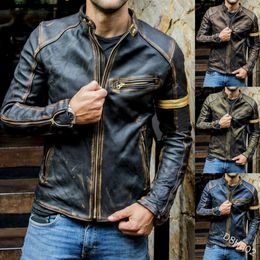 Autumn Mens Leather Shirt Slim Fit Stand Up Collar Multi Zipper Youth Coat Punk Motorcycle Jacket