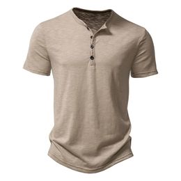 Henley Collar Summer Mens Casual Solid Short sleeved Mens Polo Shirt High Quality Mens T-shirt 240511