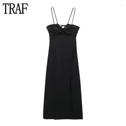 Casual Dresses Black Slip Long Dress Woman Sexy Backless Midi For Women Summer Pleated Party Female Thin Straps Night