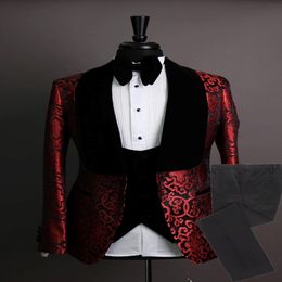 Custom Made Groomsmen Shawl Velvet Lapel Groom Tuxedos Red and Black Men Suits Wedding Best Man Blazer Jacket Pants Bow Tie Vest L608 2504